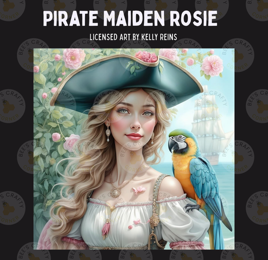 The image is a painting of a woman wearing a pirate hat and dress, with a parrot perched on her shoulder. The background features a ship and flowers, creating a nautical and romantic atmosphere.