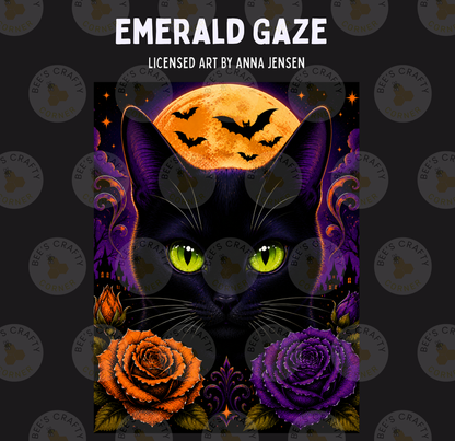 The image is a Halloween-themed illustration featuring a black cat with glowing green eyes, surrounded by a full moon, bats, and flowers in shades of orange and purple.