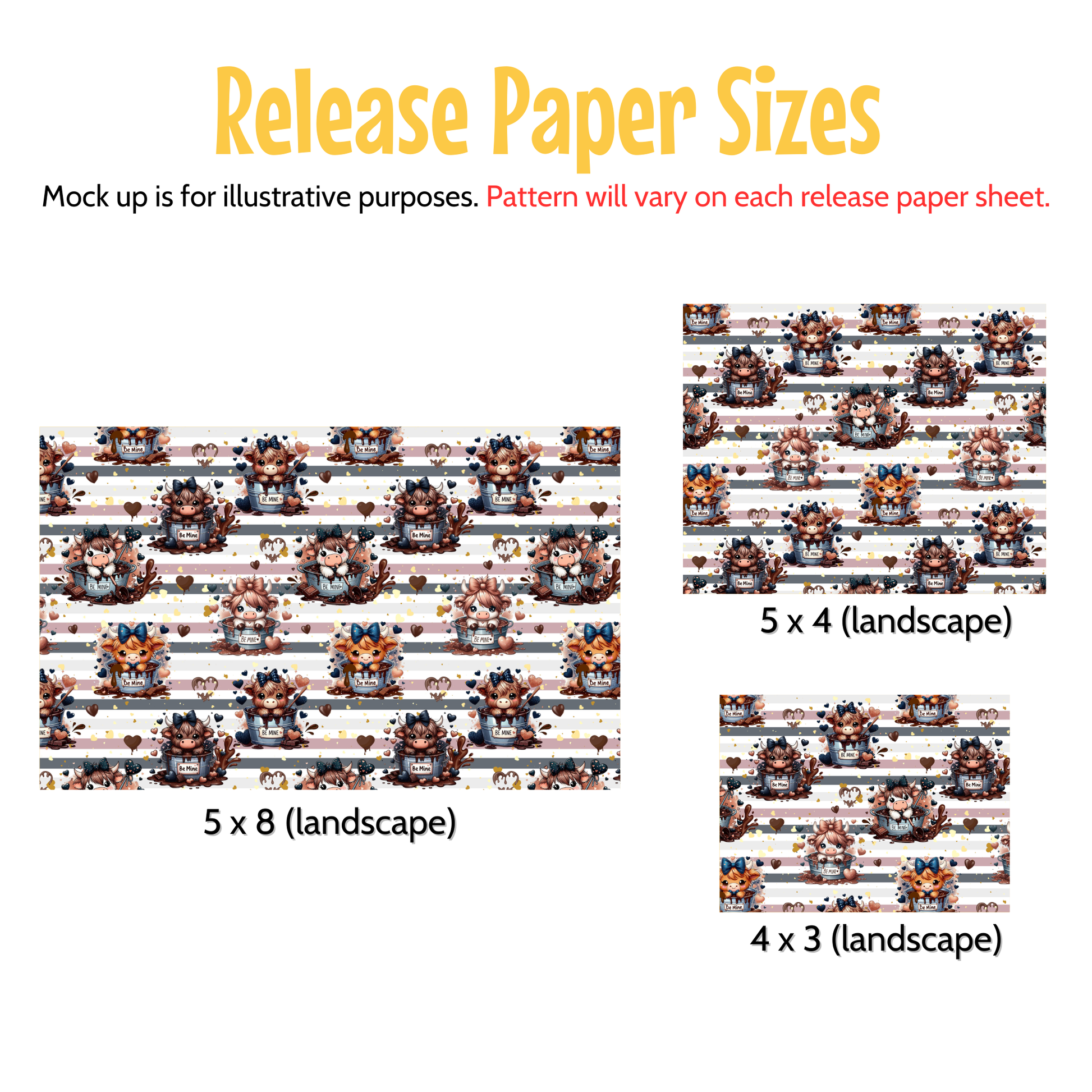three different paper sizes, each with a unique pattern of cartoon-like characters. The text above the images indicates that the mock-up is for illustrative purposes and that the pattern will vary on each release paper sheet.