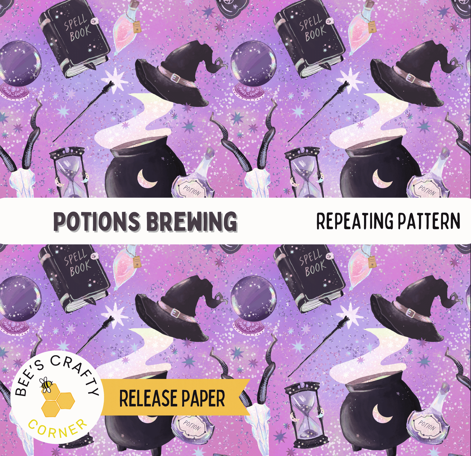The image is a repeating pattern of various magical and mystical objects, including spells, books, and bubbling pots, all set against a purple background with stars and other celestial elements.