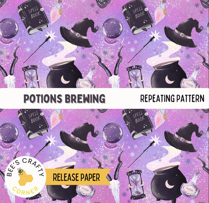 The image is a repeating pattern of various magical and mystical objects, including spells, books, and bubbling pots, all set against a purple background with stars and other celestial elements.