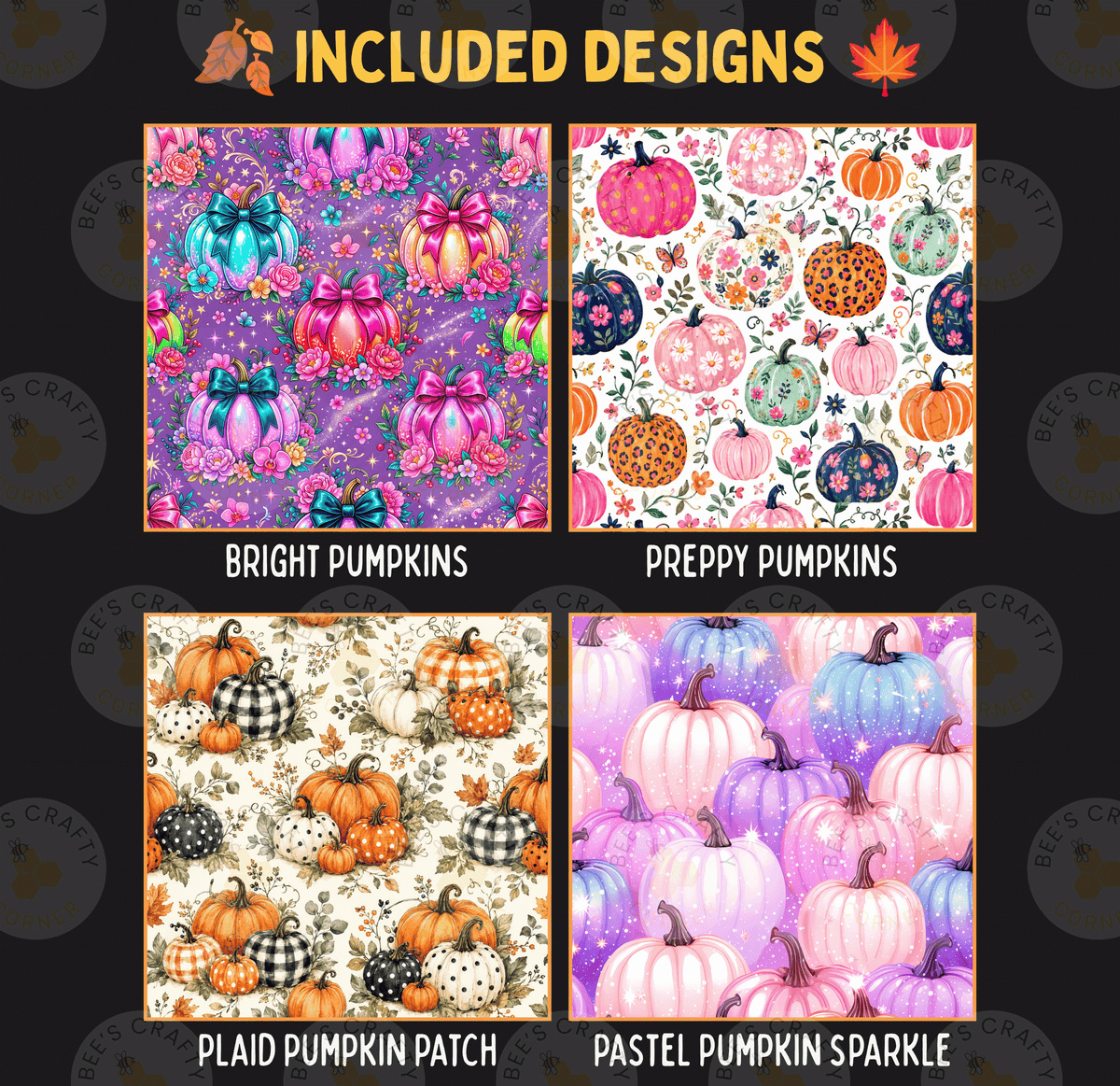 four different designs of pumpkins, each with a unique pattern and color scheme. The pumpkins are arranged in a grid format, with each design occupying a separate square. The designs include bright pumpkins, preppy pumpkins, plaid pumpkin patches, and pastel pumpkin sparkles.
