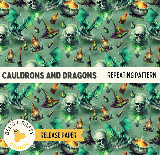 The image is a repeating pattern of various fantasy-themed objects, including skulls, dragons, cauldrons, and other mystical elements, creating a visually striking and imaginative design.