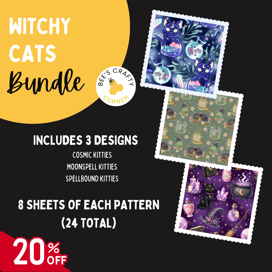 The image is an advertisement for a "Witchy Cats Bundle" that includes three designs: cosmic kittens, moonspell kittens, and spellbound kittens. The bundle contains 24 sheets of each pattern, and there is a 20% discount.