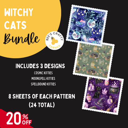 The image is an advertisement for a "Witchy Cats Bundle" that includes three designs: cosmic kittens, moonspell kittens, and spellbound kittens. The bundle contains 24 sheets of each pattern, and there is a 20% discount.