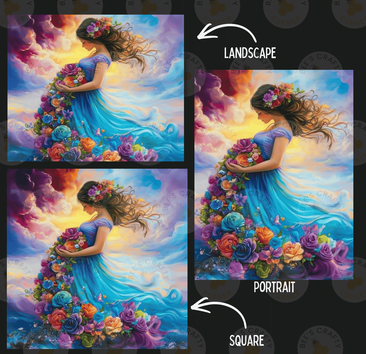 The image is a collage of three pictures depicting a woman with a flower in her hair, surrounded by a colorful floral landscape.