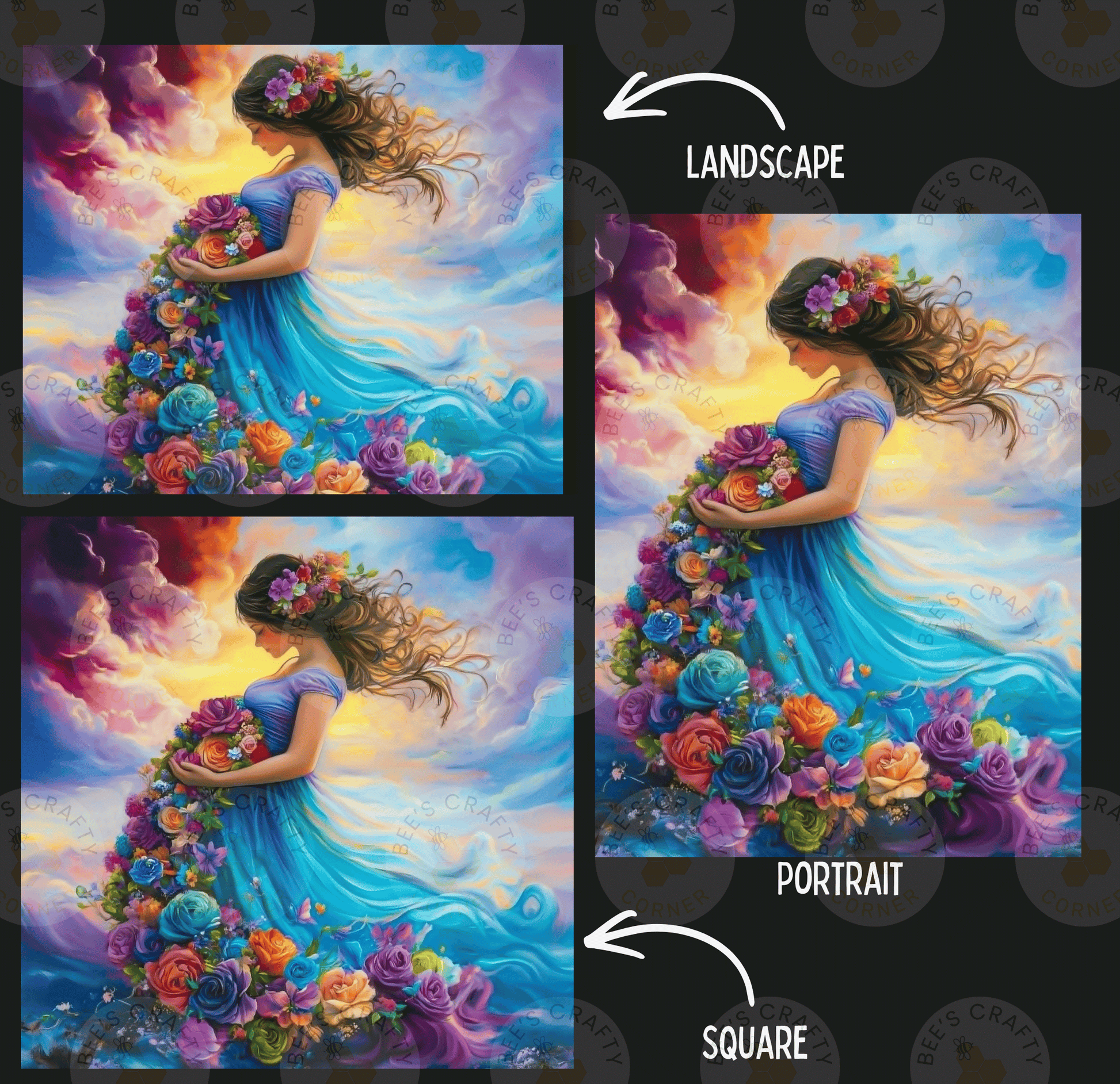 The image is a collage of three pictures depicting a woman with a flower in her hair, surrounded by a colorful floral landscape.