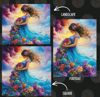 The image is a collage of three pictures depicting a woman with a flower in her hair, surrounded by a colorful floral landscape.