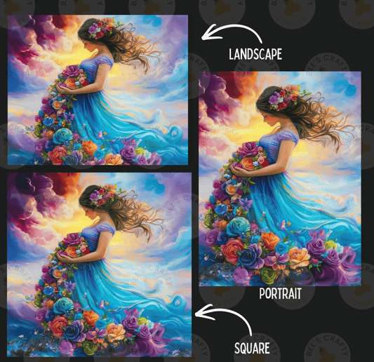 The image is a collage of three pictures depicting a woman with a flower in her hair, surrounded by a colorful floral landscape.