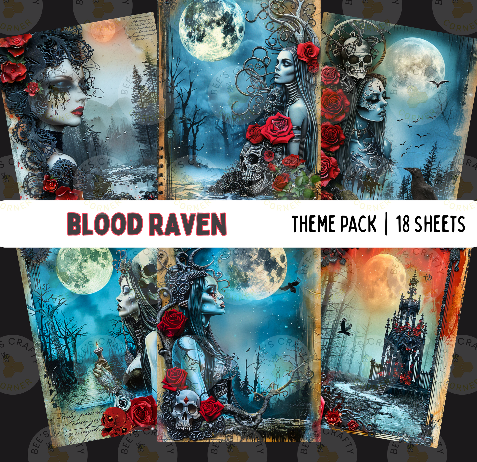 The image is a theme pack of 18 sheets featuring various artistic interpretations of the Blood Raven motif. The images include a woman with a skull and rose motif, a woman with a skull and rose motif, a woman with a skull and rose motif, a woman with a skull and rose motif, and a woman with a skull and rose motif. The images are arranged in a collage format, showcasing the different interpretations of the theme.