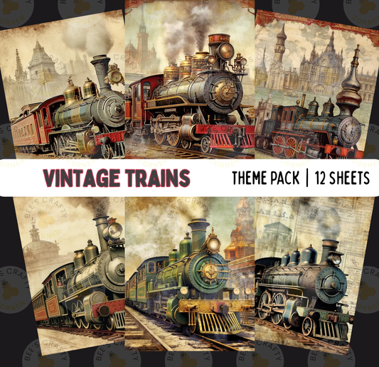 The image is a collage of vintage train images, featuring various steam locomotives and train cars in different colors and styles.