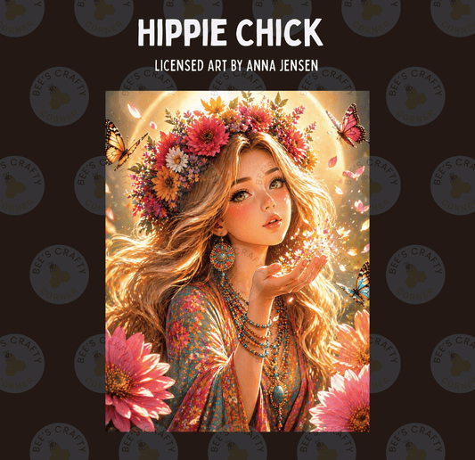 The image is a digital illustration featuring a woman with long, flowing hair and a flower crown, surrounded by butterflies and flowers.