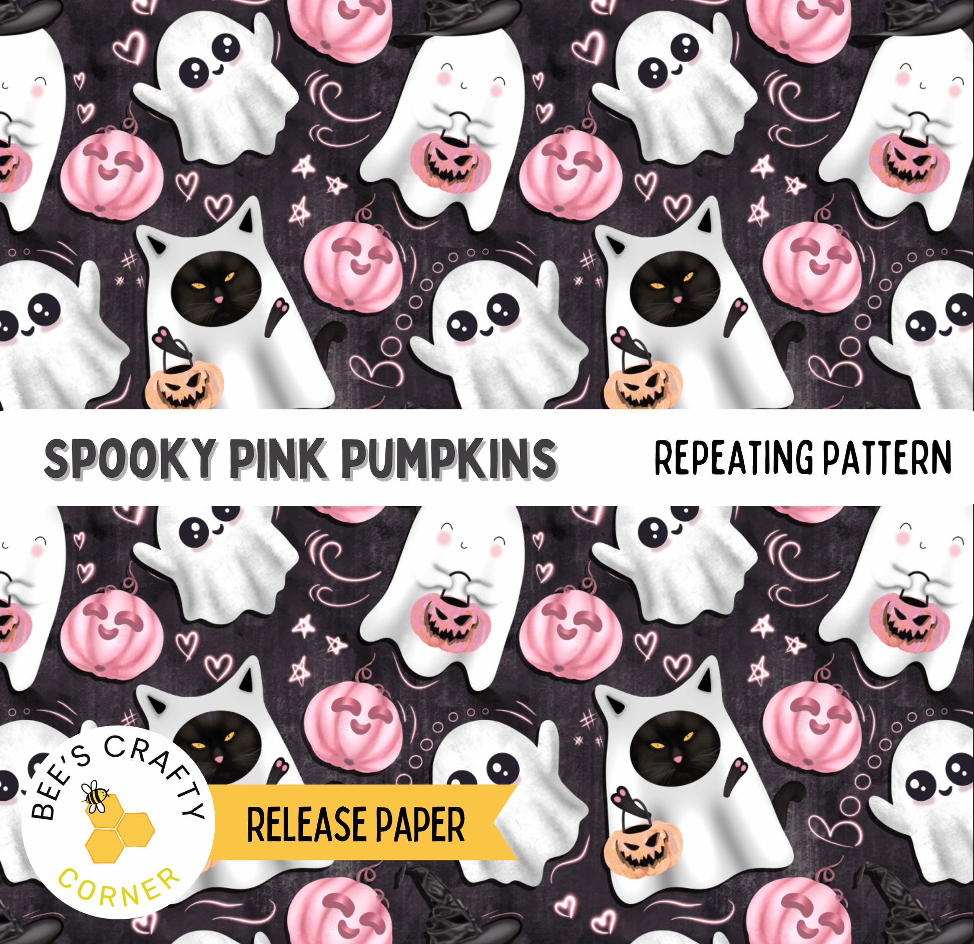 The image is a repeating pattern of spooky pink pumpkins and ghost characters against a dark background.