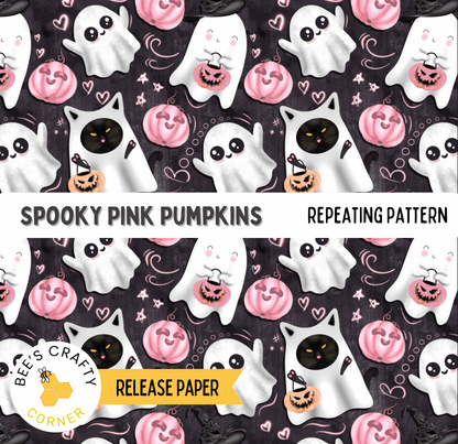 The image is a repeating pattern of spooky pink pumpkins and ghost characters against a dark background.