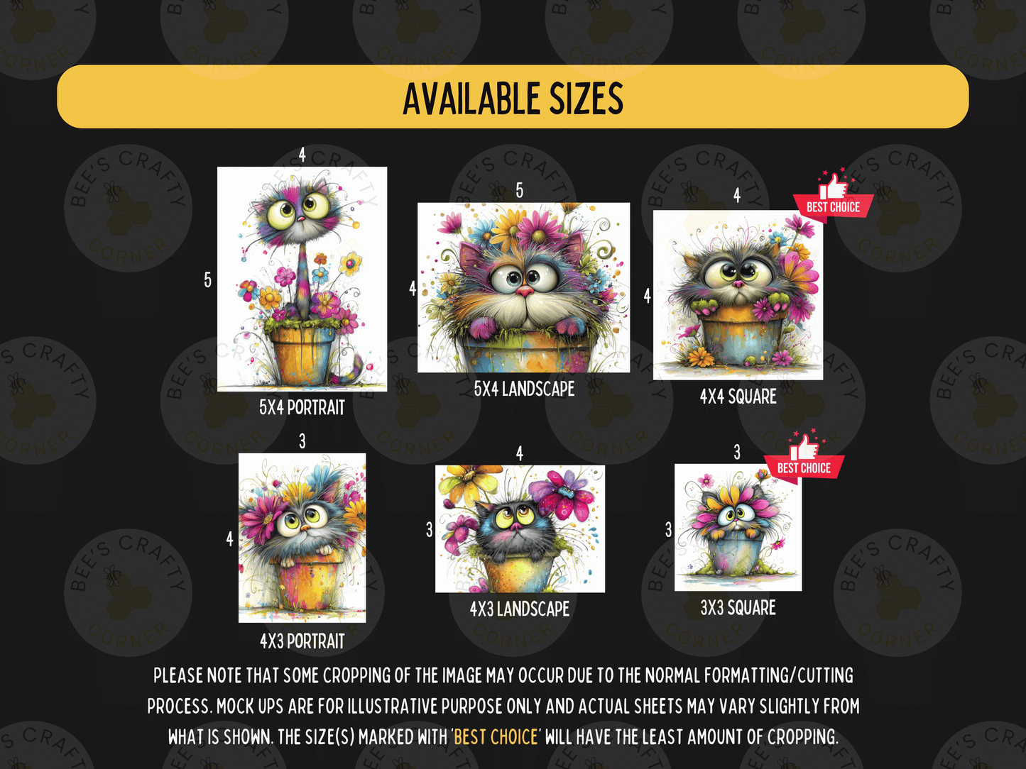 The image is a collection of six different illustrations of cats, each in a unique size and style, presented in a grid format.