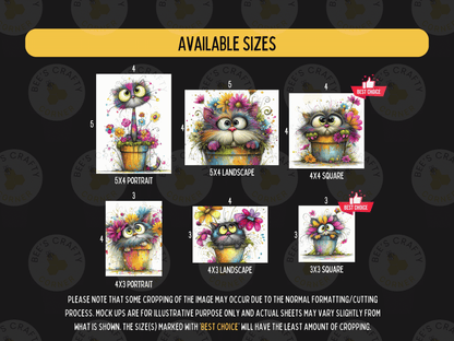 The image is a collection of six different illustrations of cats, each in a unique size and style, presented in a grid format.