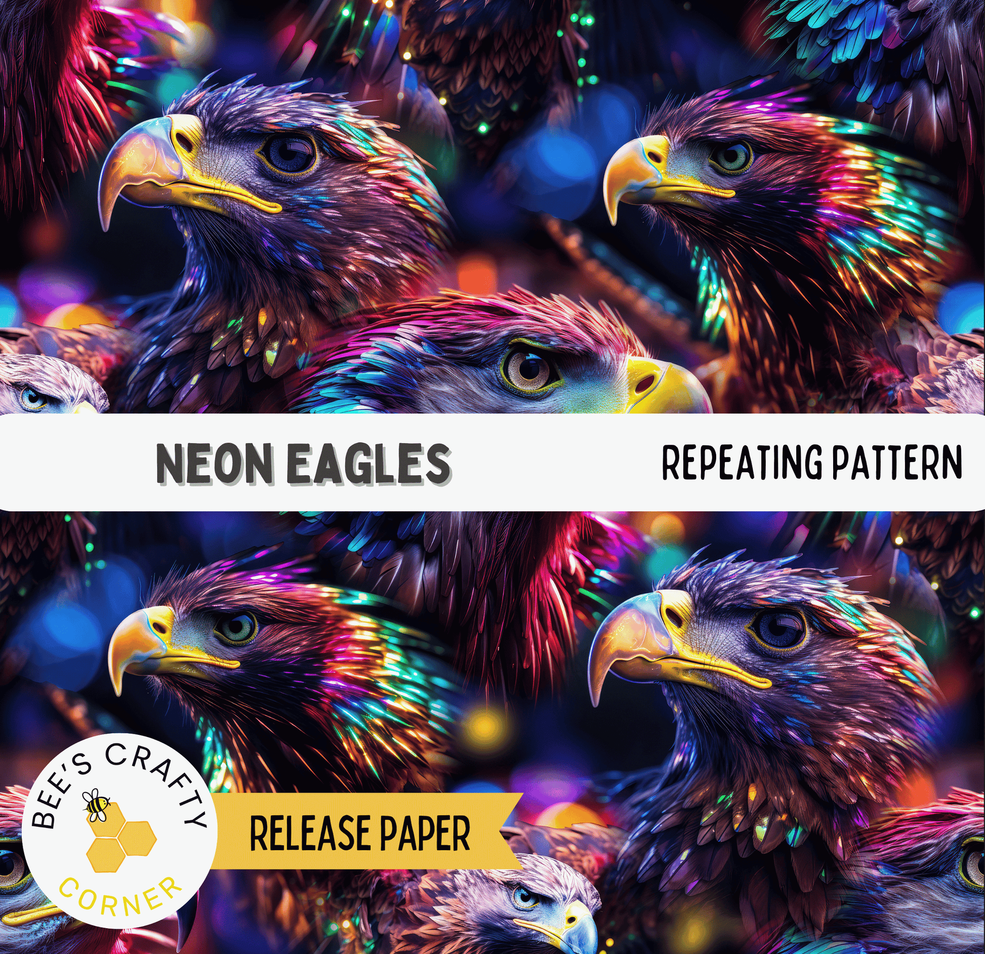 The image is a collage of multiple close-up photographs of colorful, vibrant eagles. The eagles have intricate feather patterns and are depicted in various poses, creating a visually striking and dynamic composition. The image does not contain any text, and the focus is on the detailed and vivid depiction of the eagles.