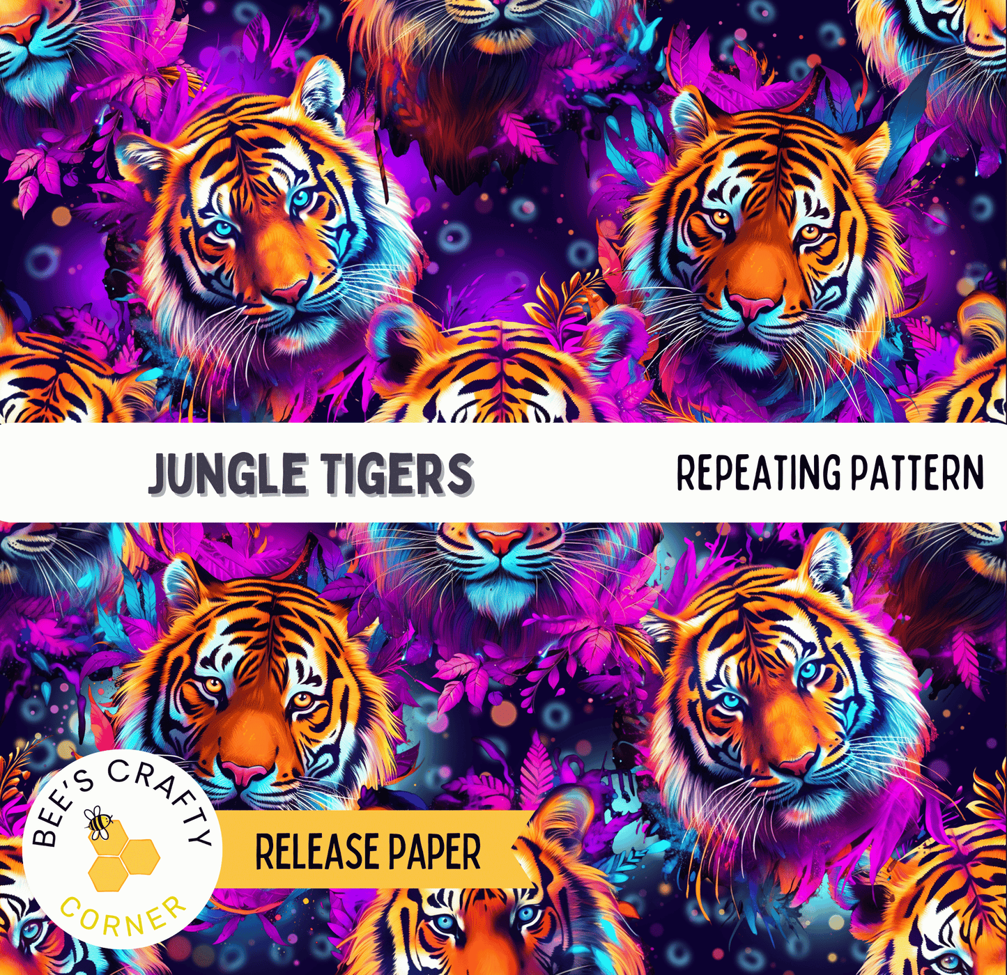 The image is a repeating pattern of vibrant tiger faces against a dark background, with the text "Jungle Tigers" and "REPEATING PATTERN" overlaying the image.