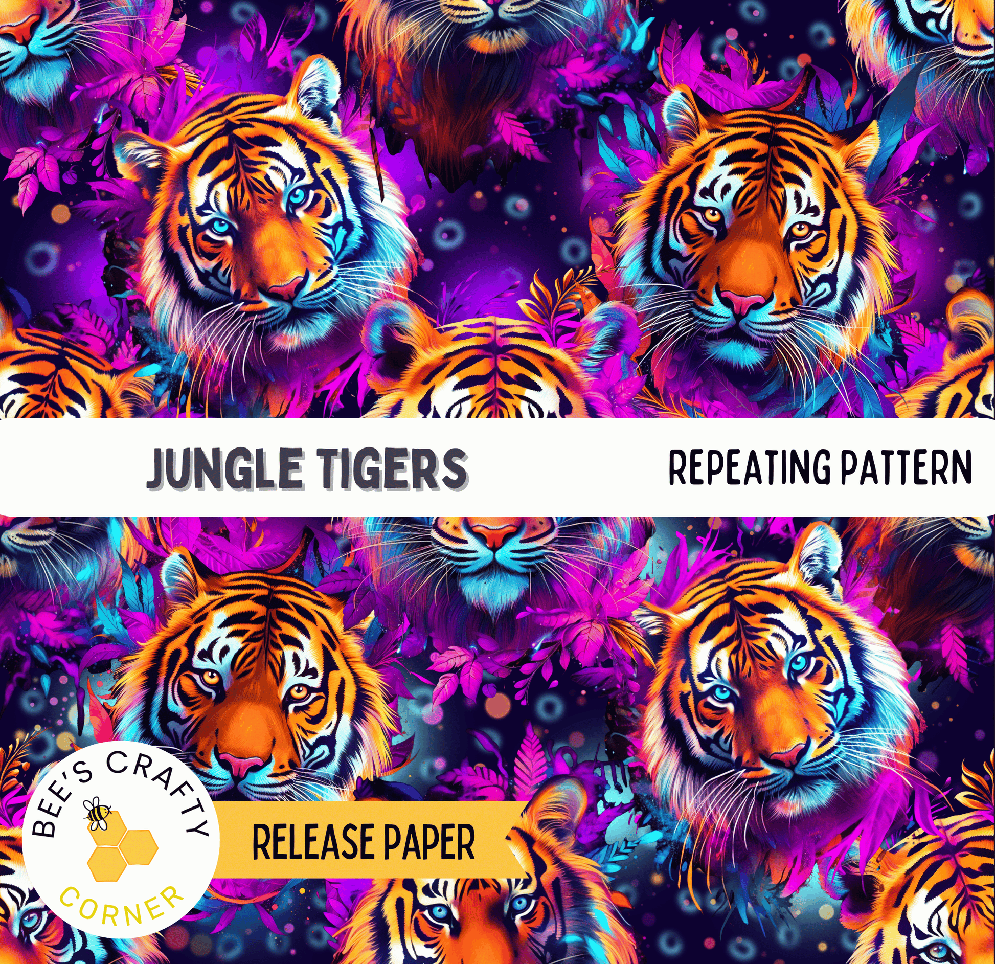 The image is a repeating pattern of vibrant tiger faces against a dark background, with the text "Jungle Tigers" and "REPEATING PATTERN" overlaying the image.