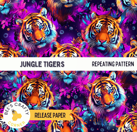 The image is a repeating pattern of vibrant tiger faces against a dark background, with the text "Jungle Tigers" and "REPEATING PATTERN" overlaying the image.