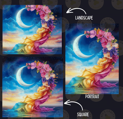 The image is a collage of three pictures depicting a landscape with a crescent moon and colorful flowers. The first image shows a crescent moon surrounded by a vibrant floral arrangement. The second image depicts the same landscape with a different floral arrangement. The third image shows a different landscape with a different floral arrangement.