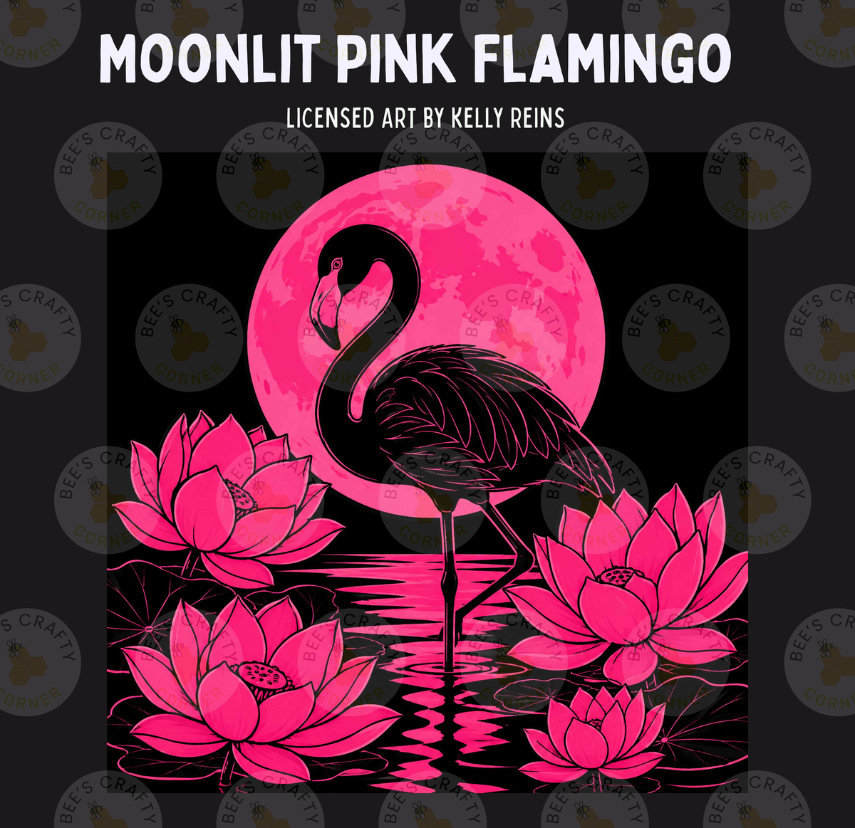 The image is a vibrant illustration featuring a pink flamingo standing on one leg in front of a large, full moon, with three pink lotus flowers in the foreground.