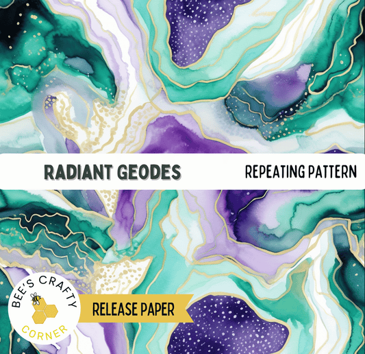 The image is a vibrant and colorful abstract pattern featuring various shades of green, purple, and blue, with gold and white accents. The pattern appears to be a repeating design, creating a sense of rhythm and movement across the image.