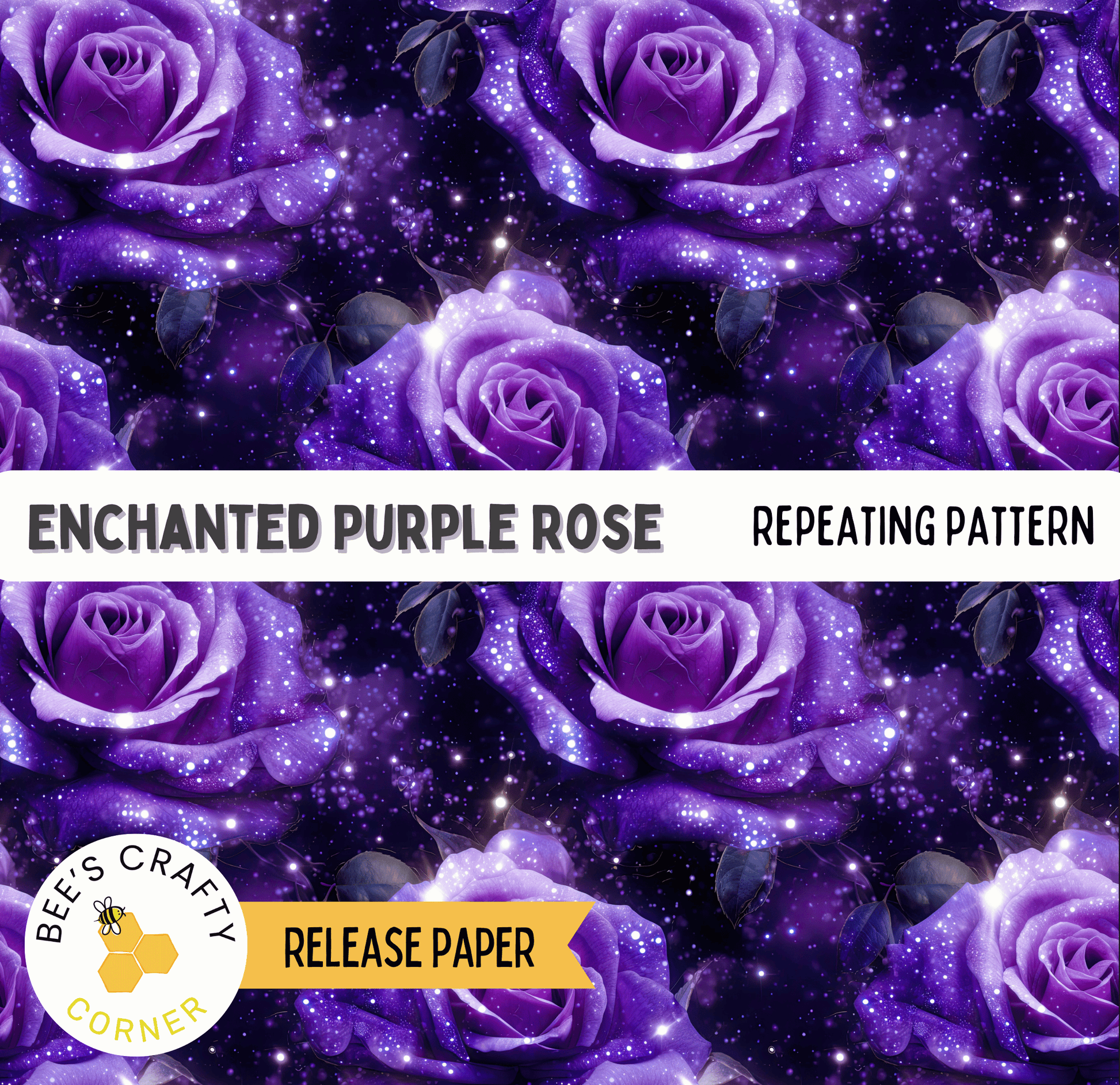 The image is a repeating pattern of purple roses against a dark background with sparkling stars.