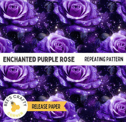 The image is a repeating pattern of purple roses against a dark background with sparkling stars.
