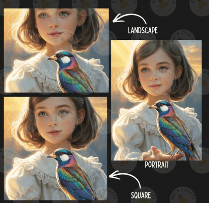 The image is a collage of three pictures depicting a young girl holding a colorful bird. The girl is wearing a white dress and the bird has a multicolored pattern. The collage is labeled "LAWSCRAFT" and "PORTRAIT" to differentiate between the different artistic styles used in the images.