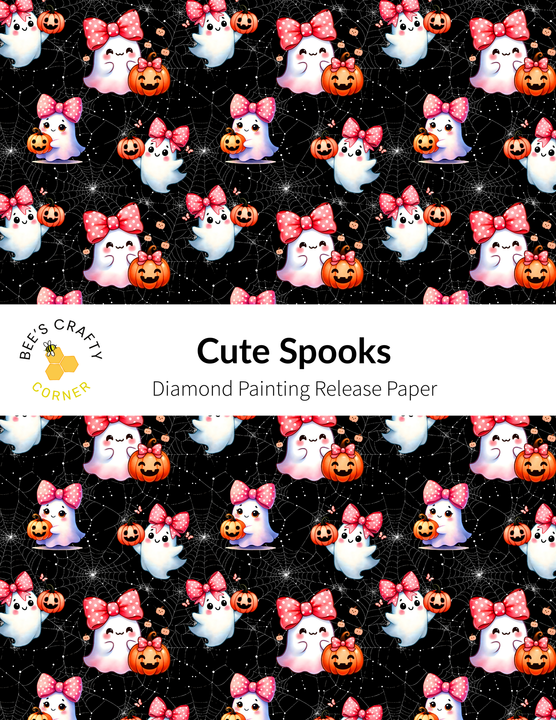 The image is a repeating pattern of cartoon-style ghost characters with pink bows, along with Halloween-themed pumpkins and spiderwebs against a black background.