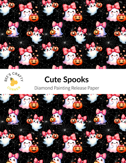 The image is a repeating pattern of cartoon-style ghost characters with pink bows, along with Halloween-themed pumpkins and spiderwebs against a black background.