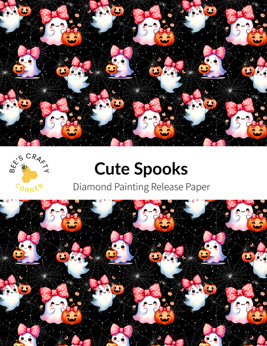 The image is a repeating pattern of cartoon-style ghost characters with pink bows, along with Halloween-themed pumpkins and spiderwebs against a black background.