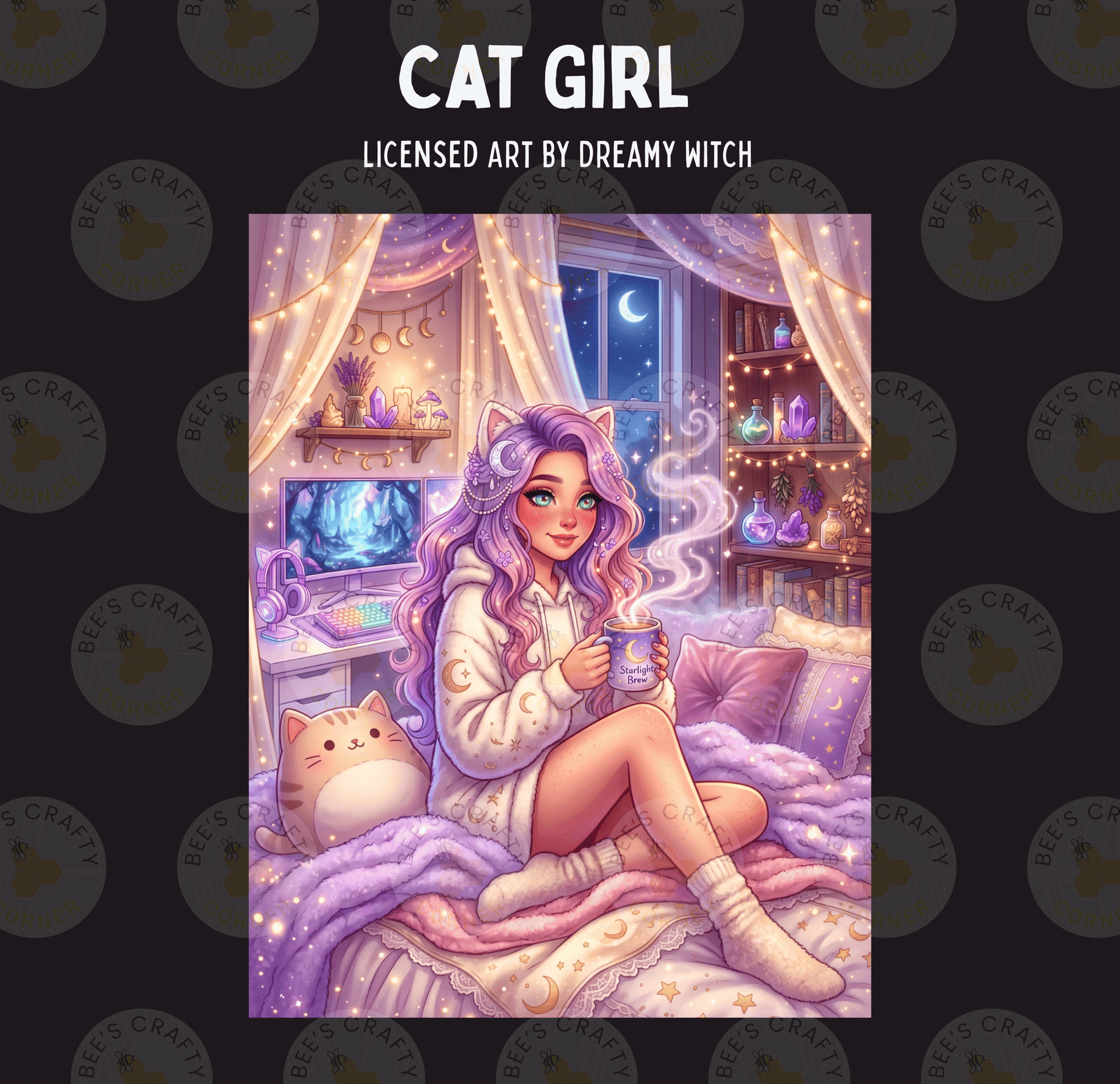 The image is a digital illustration of a young woman with long, purple hair sitting on a bed, holding a mug and surrounded by a cozy, whimsical atmosphere.