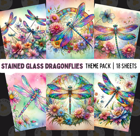The image is a theme pack of stained glass dragonflies, containing 18 sheets of vibrant, colorful illustrations of dragonflies and flowers.