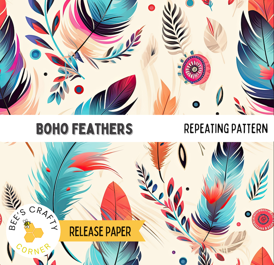 The image is a repeating pattern of colorful feathers and leaves, with the text "BOHO FEATERS" and "REPEATING PATTERN" visible.