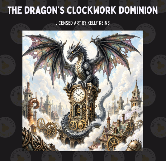 a large, winged dragon perched atop a clock tower, surrounded by a cityscape with various mechanical and industrial elements.