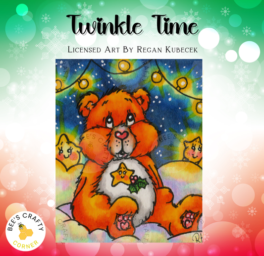 The image is a colorful illustration of a teddy bear with a star on its chest, surrounded by other teddy bears and stars, set against a snowy background with Christmas lights.
