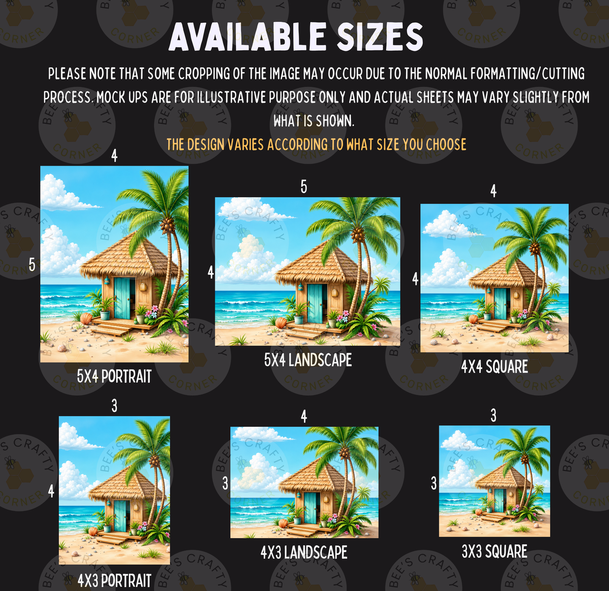 a collection of six different sizes of tropical beach scenes, including a 5x4 portrait, a 5x4 landscape, a 4x3 square, a 4x3 portrait, a 3x3 landscape, and a 3x3 square.