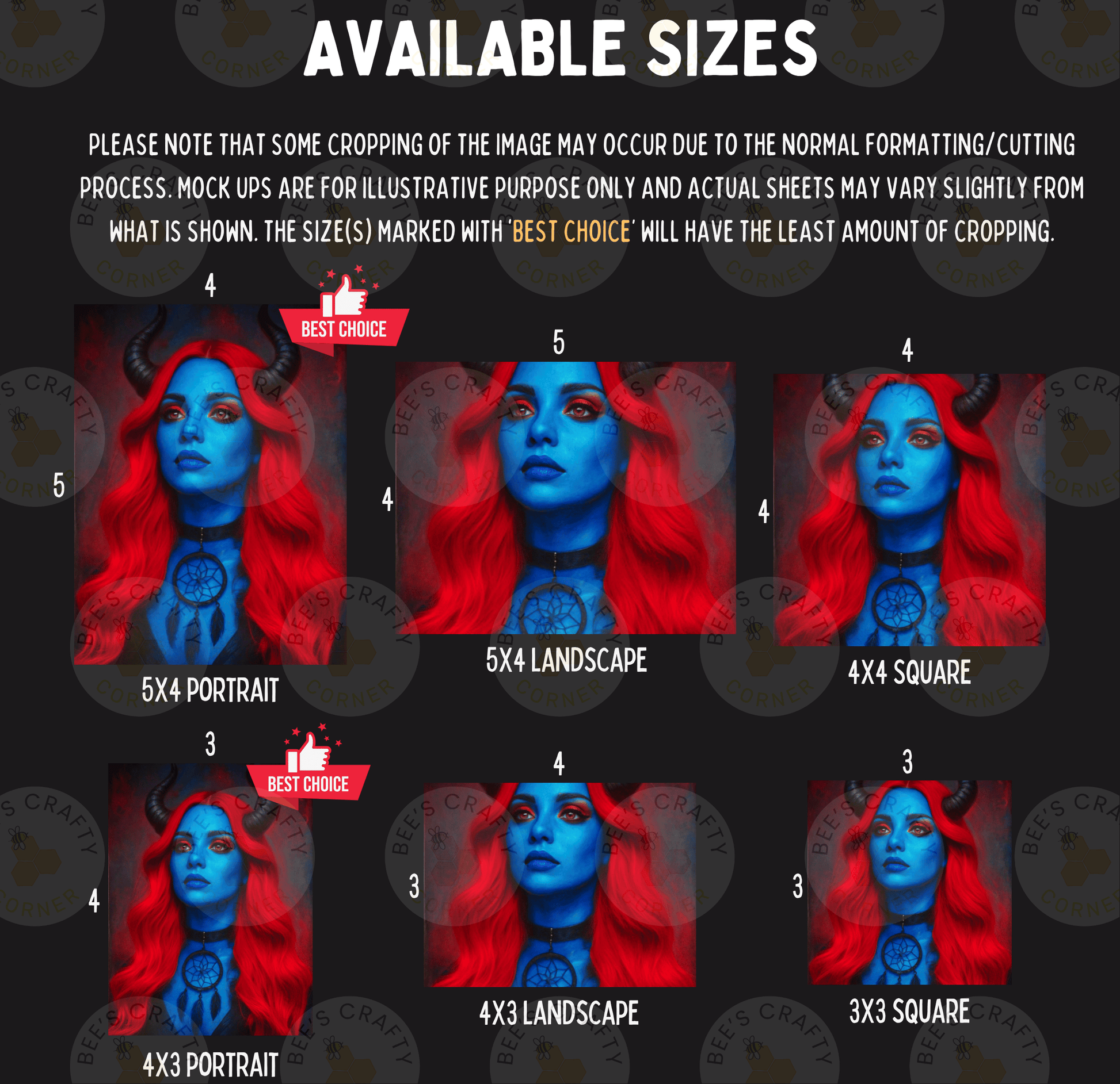 The image is a collage of six images featuring a woman with blue hair and red makeup, each with a different size and format. The sizes range from 5x4 portrait to 5x3 landscape, and the formats include 5x4 square and 3x3 square. The images are marked with "BEST CHOICE" and "LESS THAN 500 CHARACTERS" to indicate their quality and size.