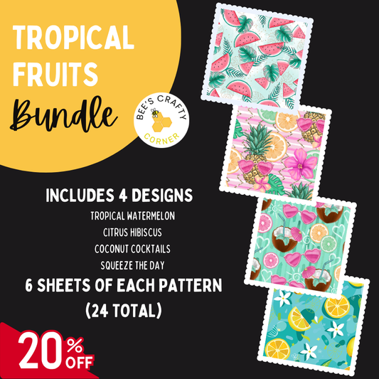 The image is an advertisement for a "Tropical Fruits Bundle" that includes four designs, six sheets of each pattern, and a 20% discount.