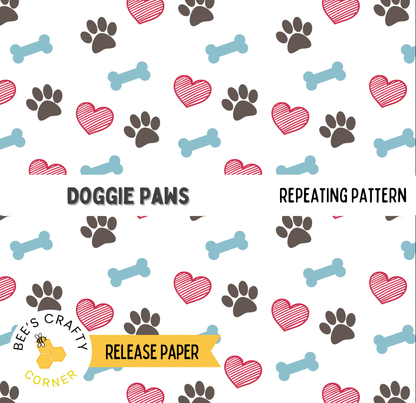 a repeating pattern of dog paw and heart symbols in various shades of brown, black, and red.