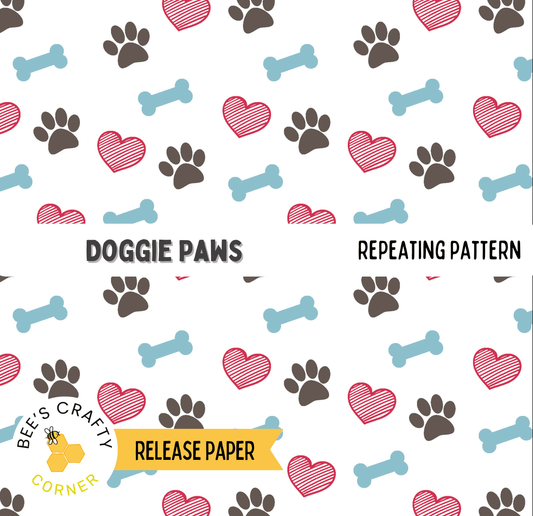 a repeating pattern of dog paw and heart symbols in various shades of brown, black, and red.
