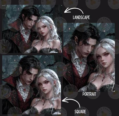 The image is a collage of three images depicting a couple in romantic poses, with the man and woman dressed in Victorian-era attire.