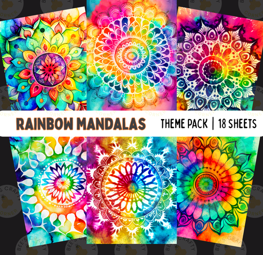 The image is a collection of 18 vibrant, colorful mandala designs, each featuring intricate patterns and designs in a variety of bright hues.