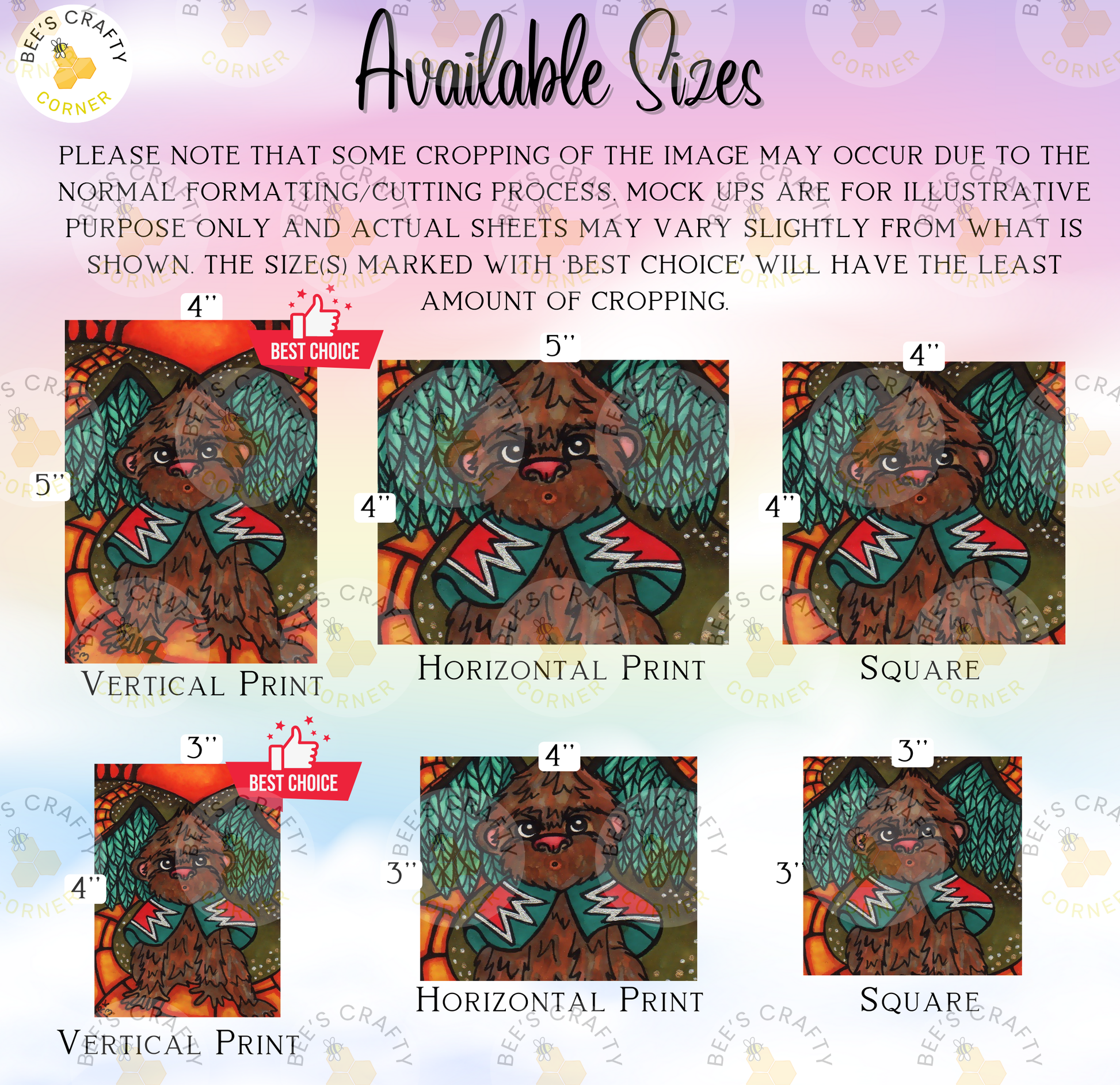 The image is a collage of six different sizes of the same illustration, featuring a brown bear with a green scarf. The sizes range from 3" to 4" and are labeled with the corresponding size, such as "3" and "4".