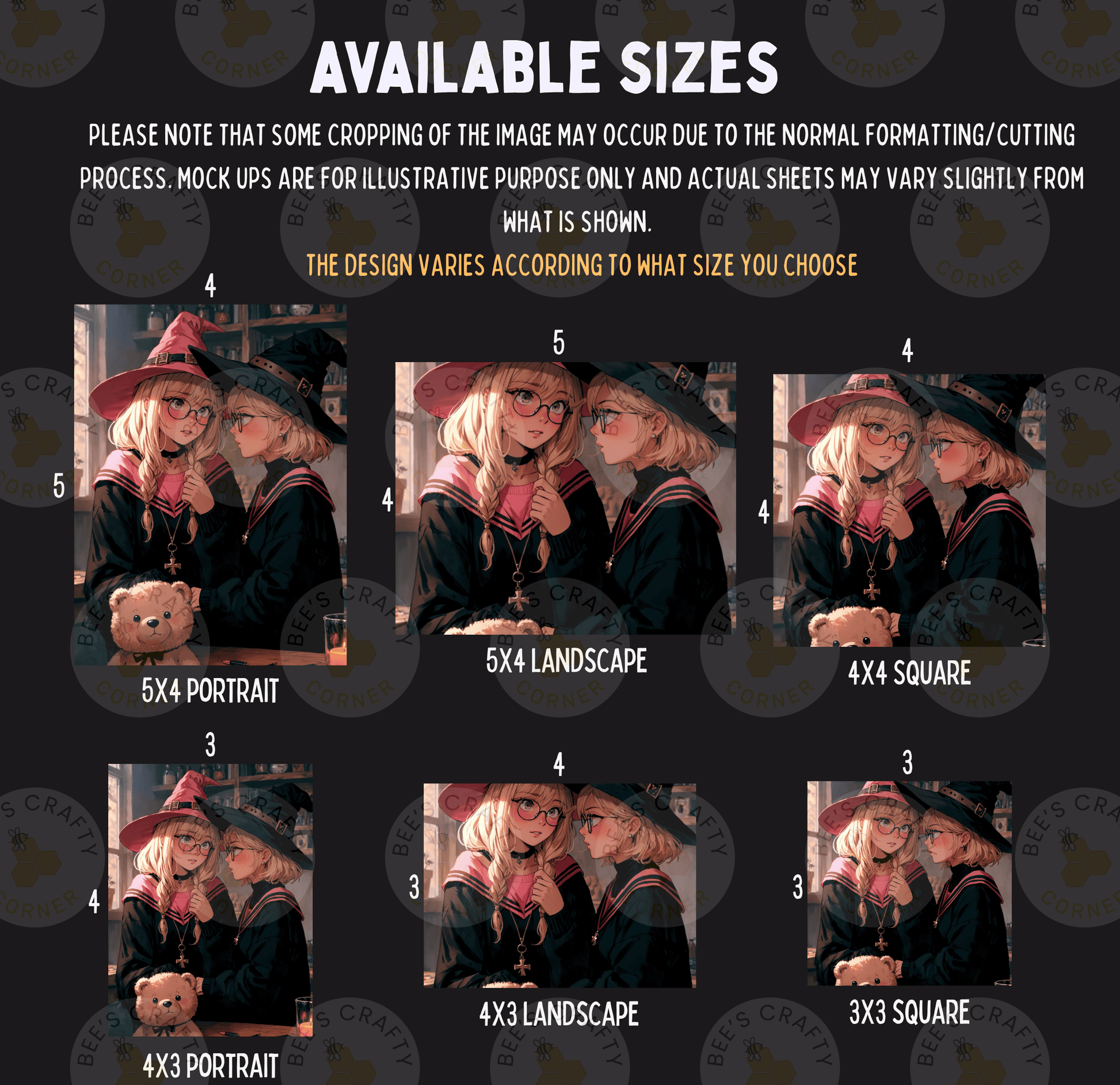 six different sizes of portraits, each featuring two people dressed in witch costumes. The portraits are arranged in a grid format, with each size represented by a different image. The sizes are labeled from 3 to 5, and the portraits are described in terms of their size and the type of portrait they are.