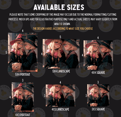 six different sizes of portraits, each featuring two people dressed in witch costumes. The portraits are arranged in a grid format, with each size represented by a different image. The sizes are labeled from 3 to 5, and the portraits are described in terms of their size and the type of portrait they are.