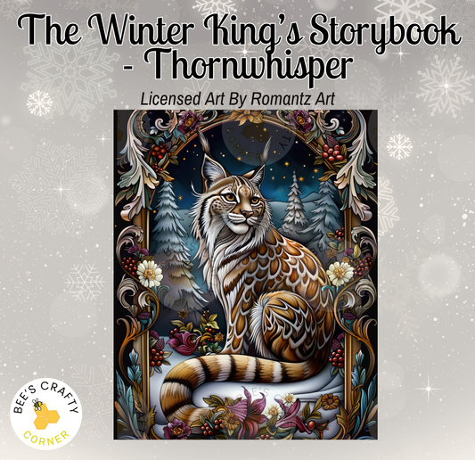 The image is a detailed illustration of a cat with a snowy background, featuring intricate floral and snowflake designs surrounding it.