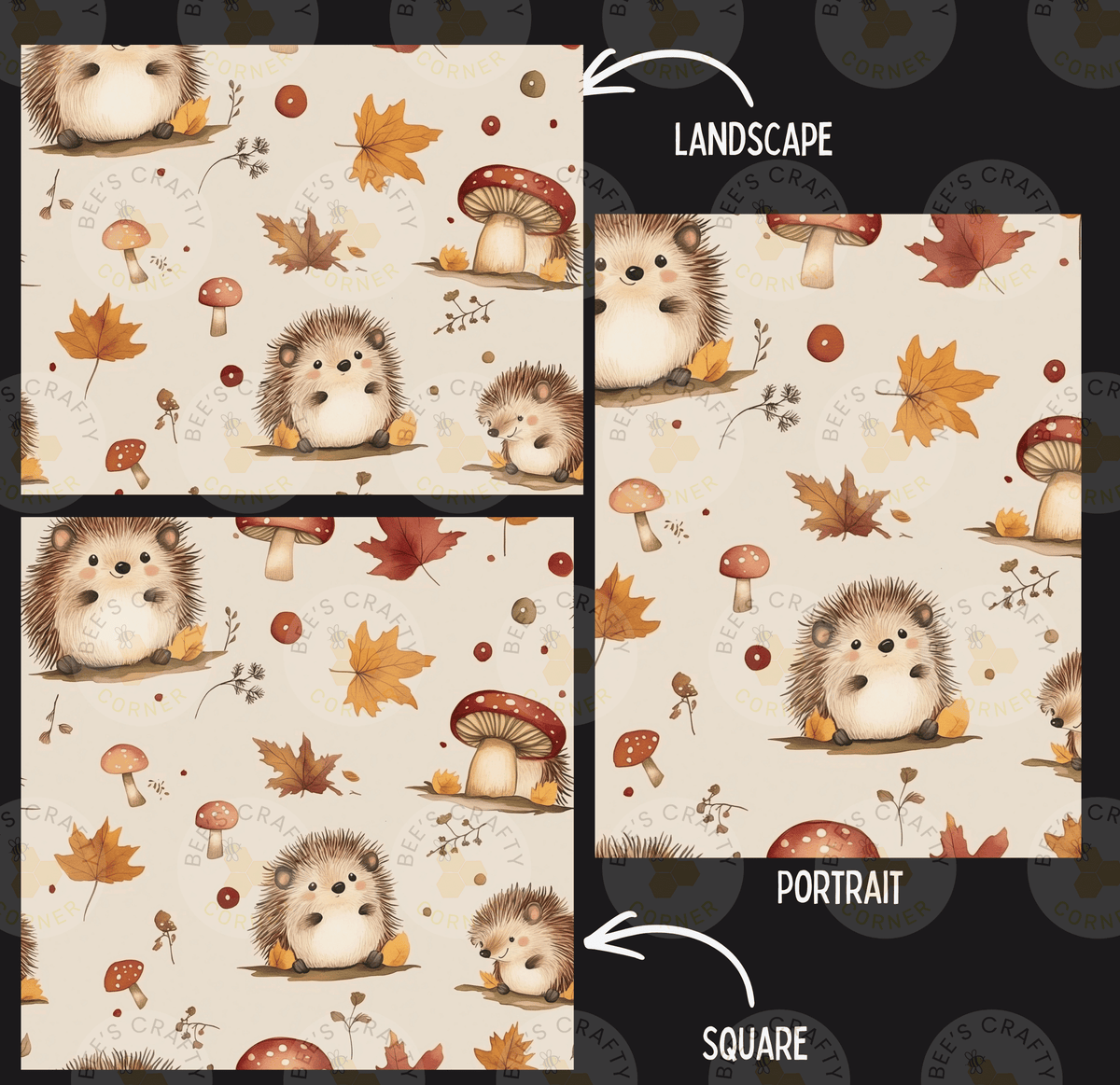 a collage of three pictures featuring a pattern of hedgehogs, mushrooms, and autumn leaves. The first image is a landscape, the second is a portrait, and the third is a square. Each image has a different arrangement of hedgehogs, mushrooms, and leaves, creating a visually appealing and diverse pattern.